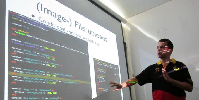 Seb explains his scaling methods Image of Seb with a slide
